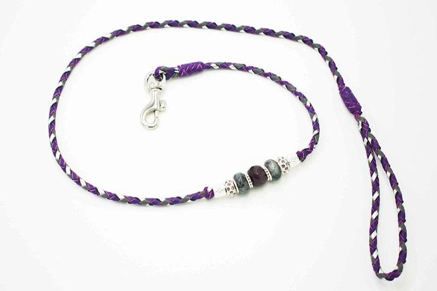 Braided Kangaroo leather dog show lead popular in Canadian Pink, White, and Black Lace with a Natural Rose Quartz focal bead